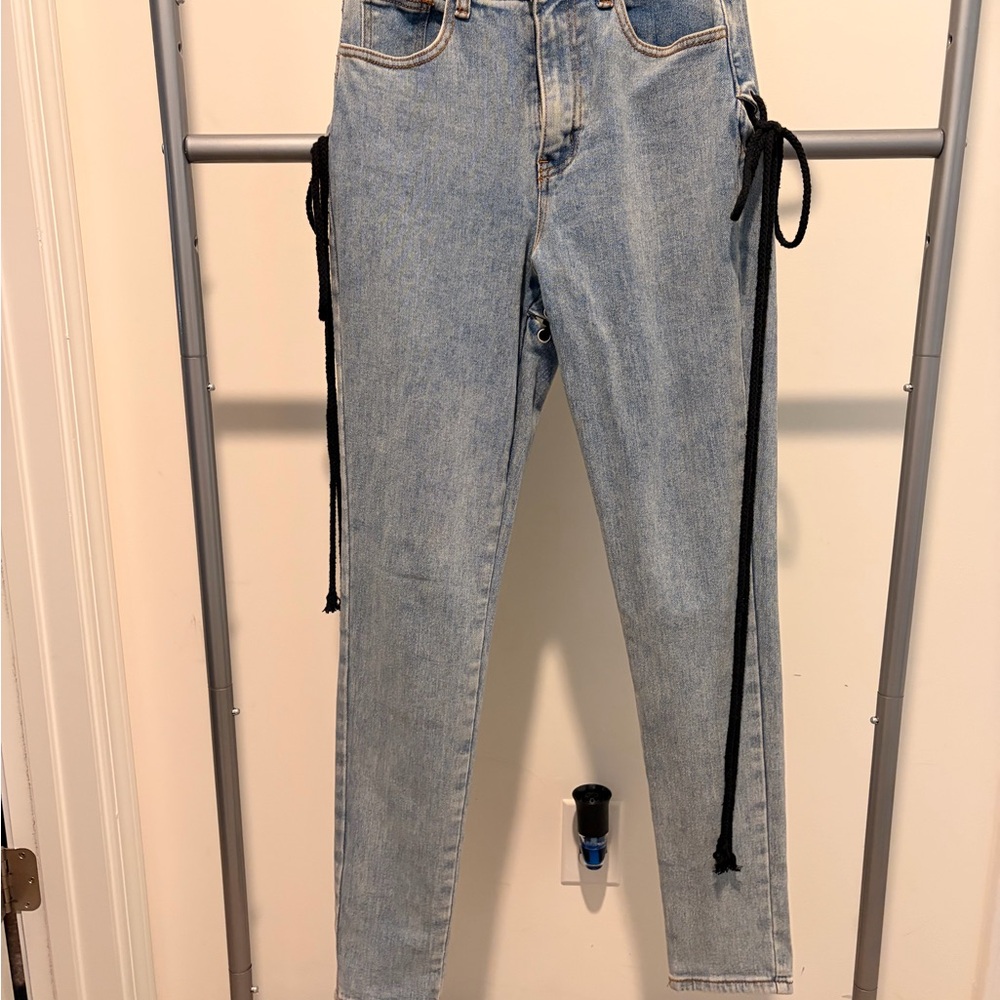 Classic Light Blue Straight Leg Jeans with Black Ties
